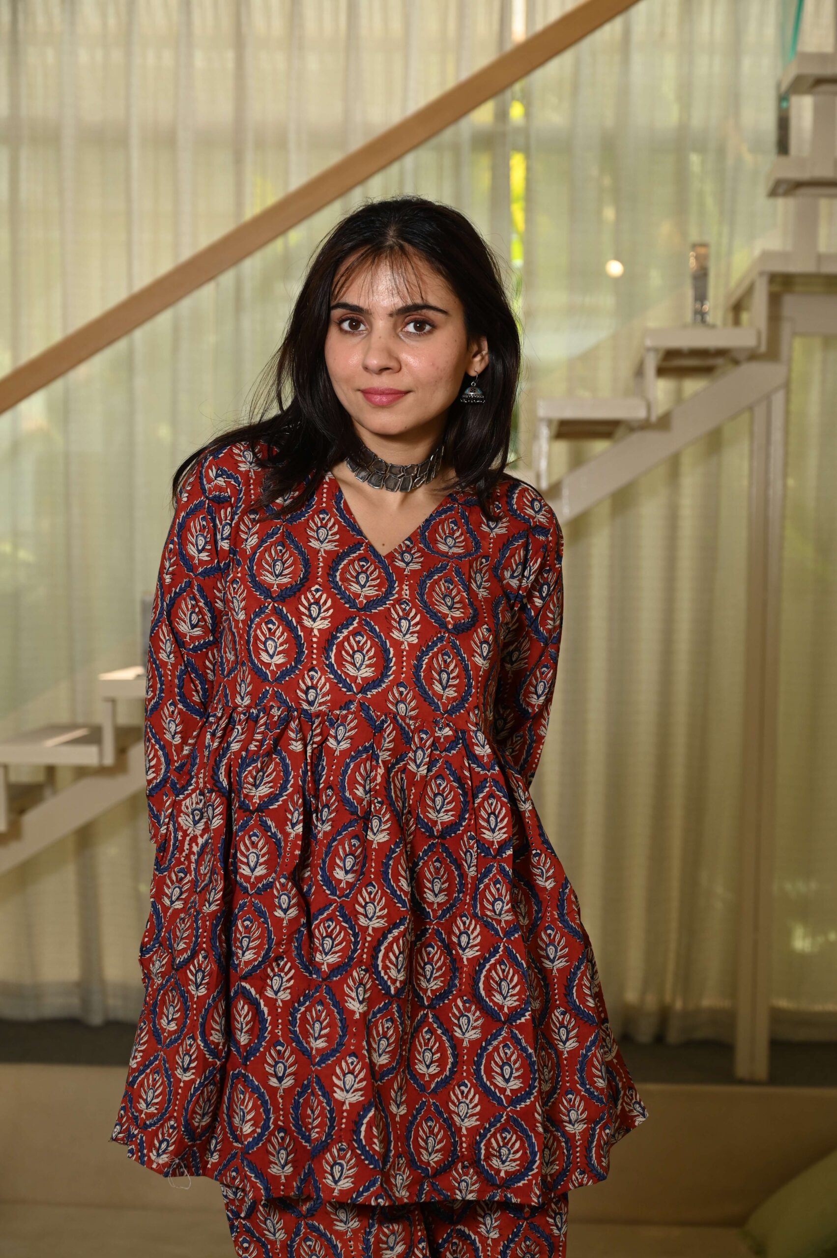 Maroon Block Print Cotton Co-ord Set for Women ? Peplum Kurta & Straight Pants, Casual Ethnic Wear - Image 4