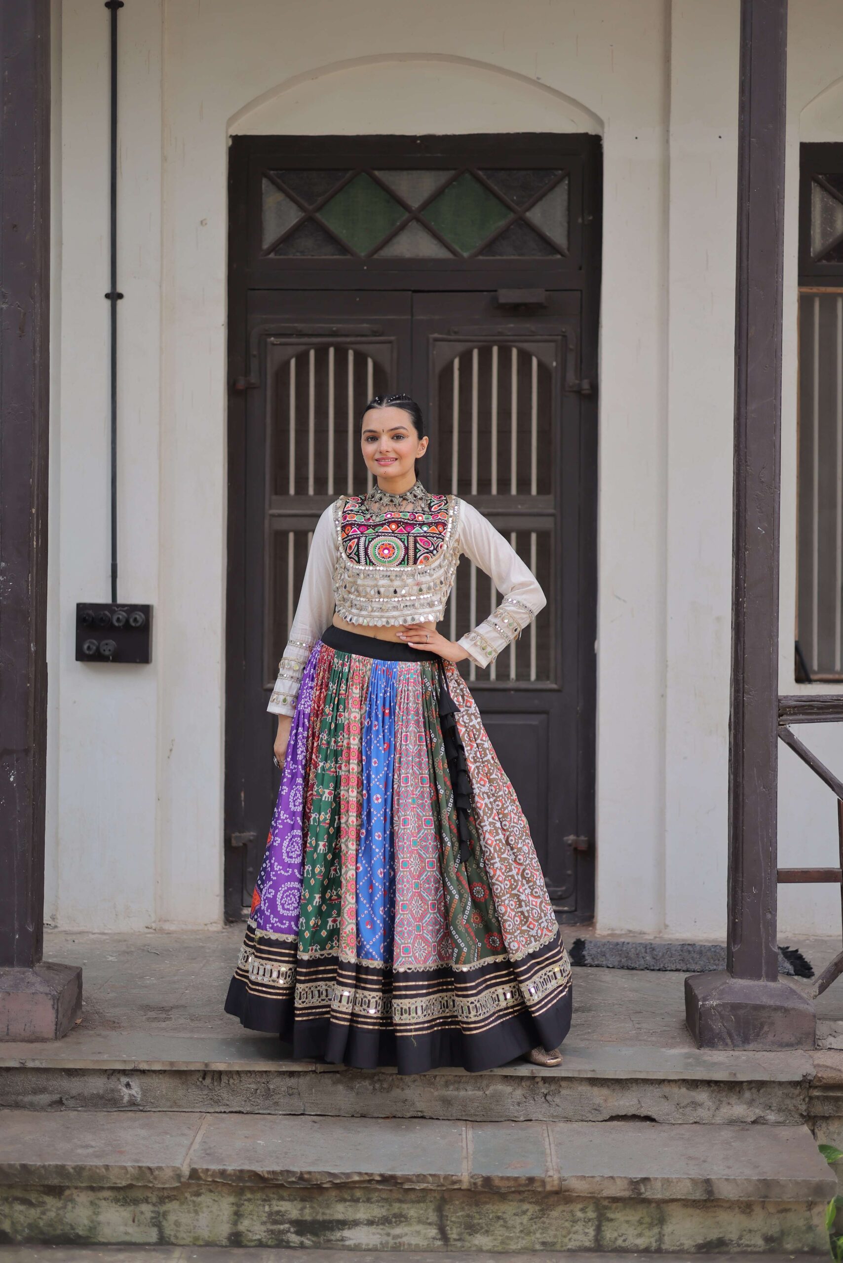 Cotton Printed Navratri Lehenga Choli Set with Gota & Mirror Lace - Image 2