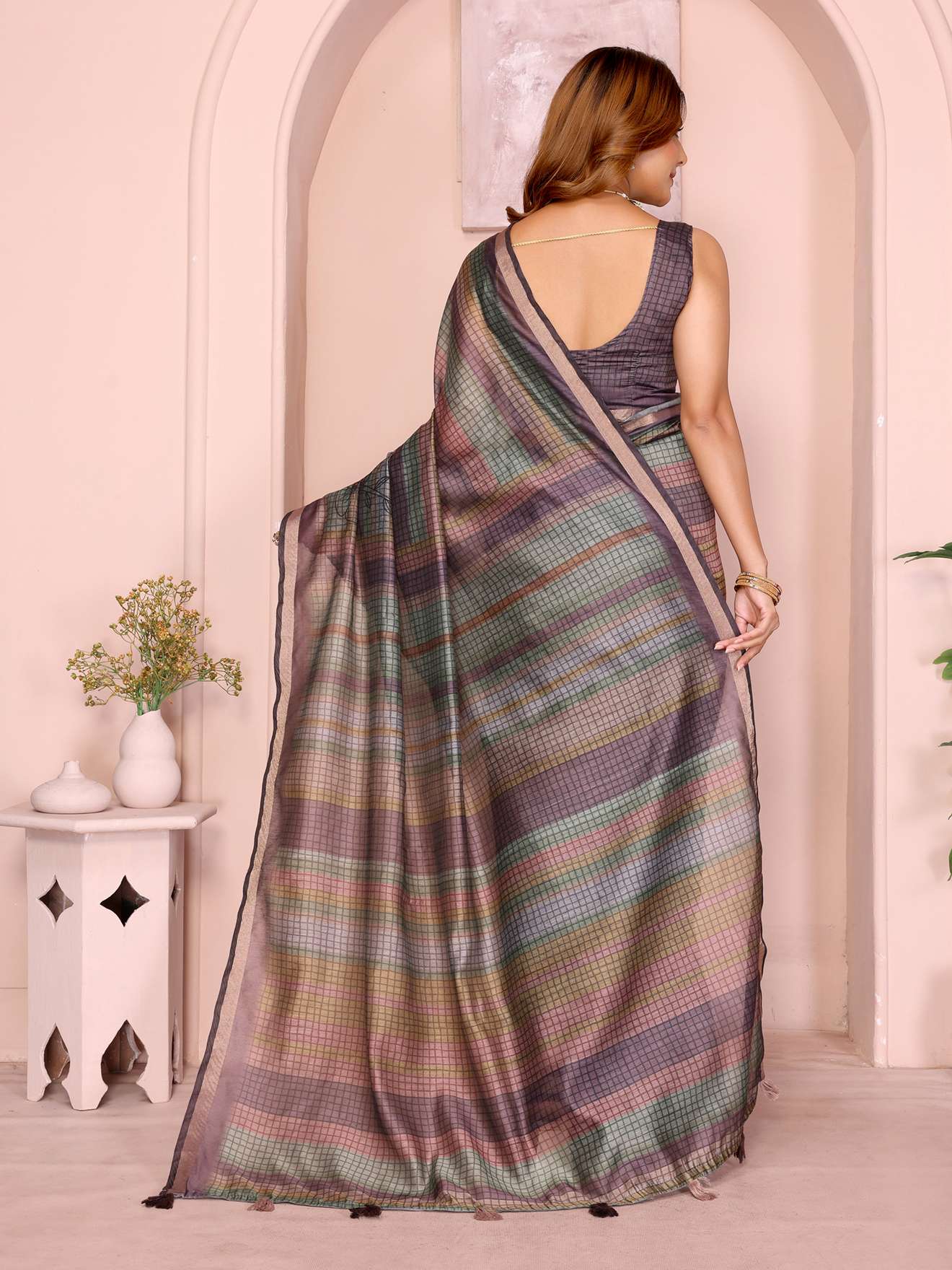 Pastel Multicolor Checked Black Chanderi Saree ? Lightweight Digital Prints with Tassel Border - Image 2