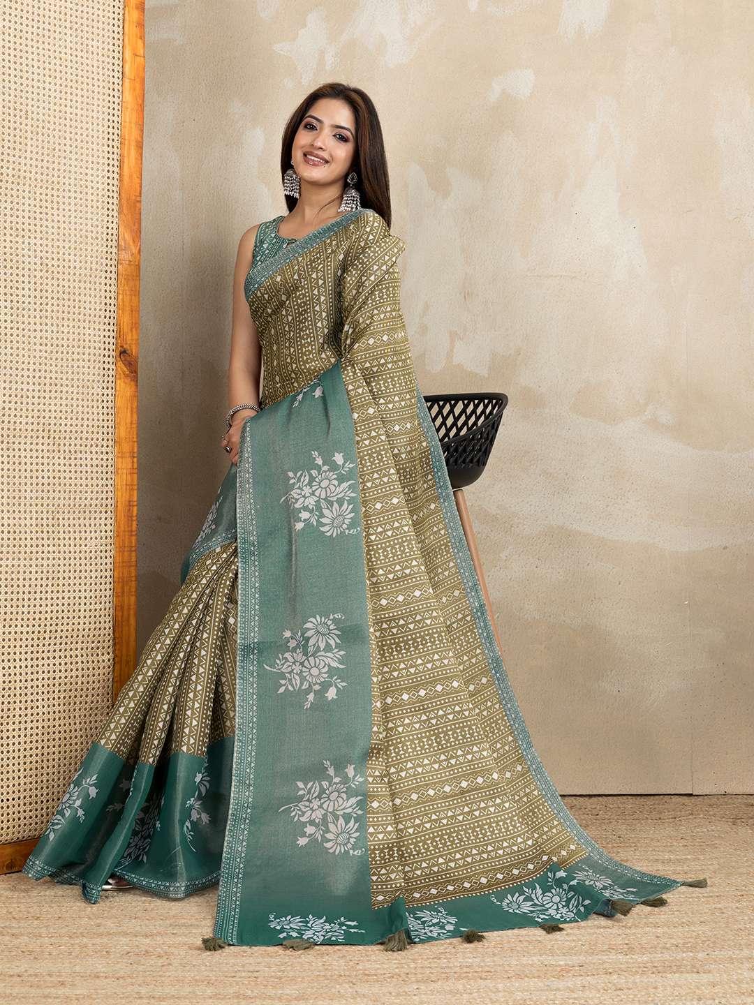 Stylish Olive Green and Teal Linen Saree with Geometric and Floral Prints