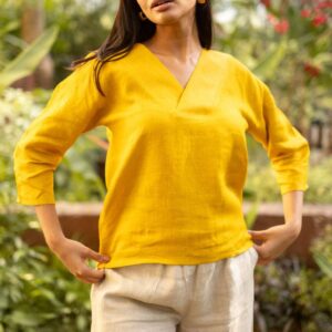 Women's Cotton Solid V Neck 3/4 sleeve 2 Piece Outfit Tank Top and Wide Leg Palazzo Pants Sets cord set ( Yellow )