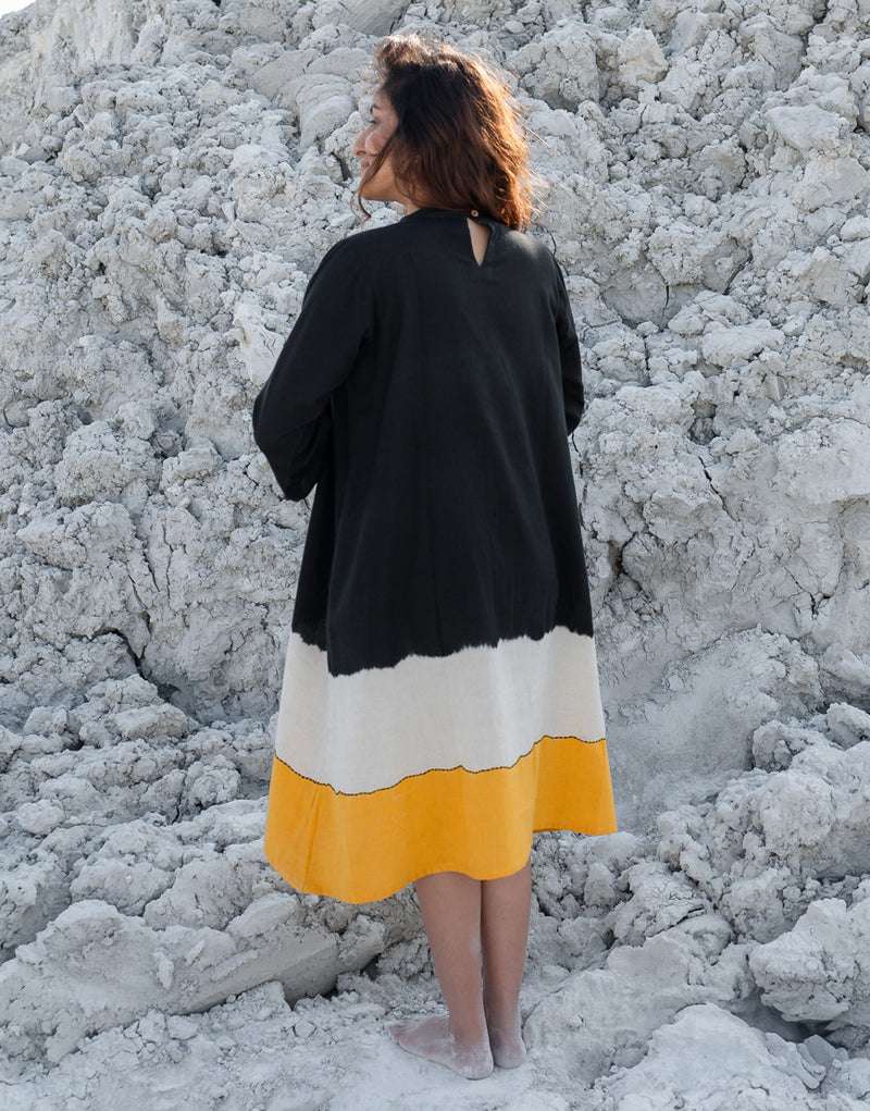 Women's Cotton Tie-Dye Print Loose Short Sleeveless Tunic Dress ( Black Yellow ) - Image 2