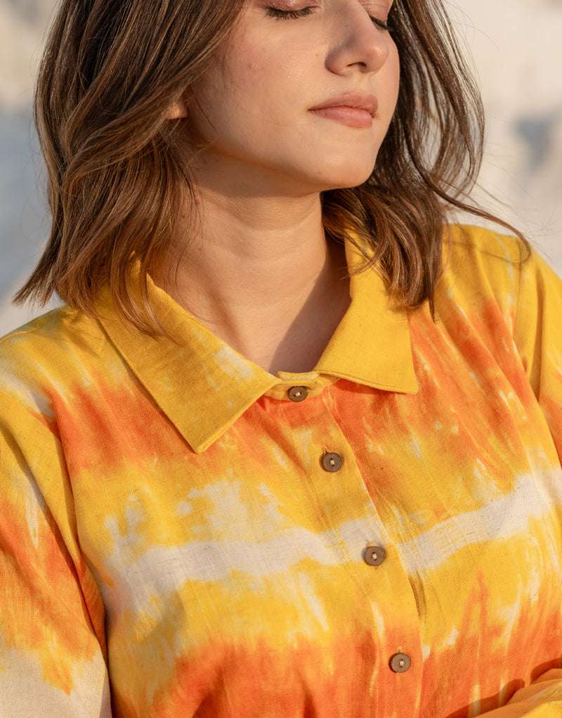 Women's Cotton Tie-Dye Print Straight Shirt With Wide Leg Palazzo Pant Casual Summer Collection Cord Set ( Yellow Beige ) - Image 5