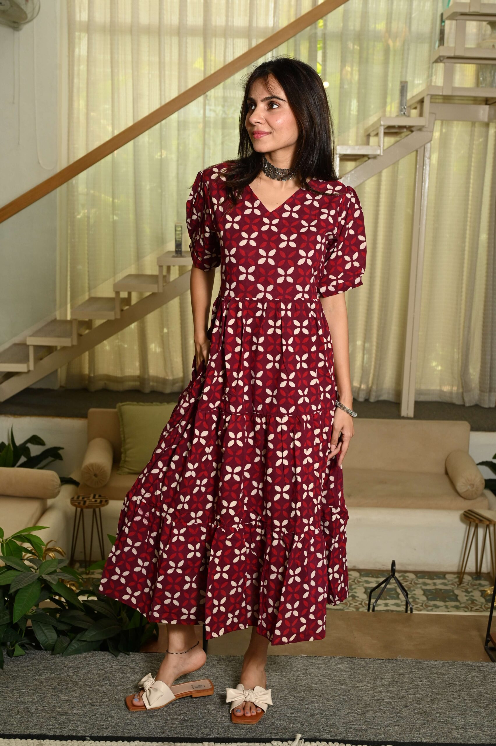 Maroon Printed Cotton Anarkali Maxi Dress with Puff Sleeves Elegant Casual Wear - Image 3