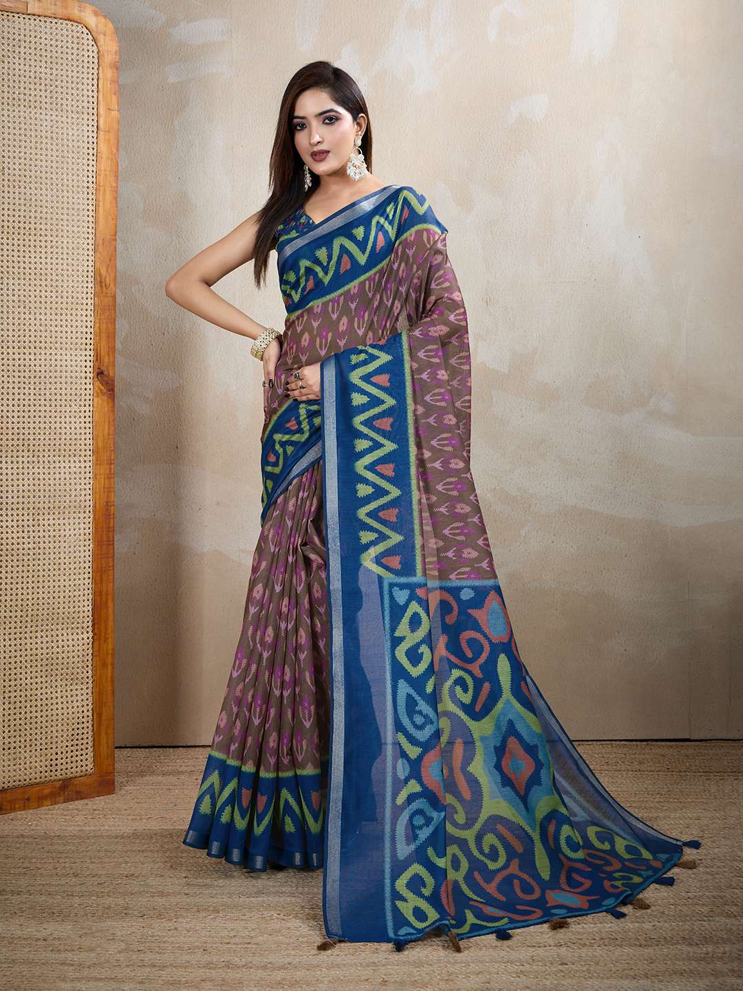 Brown & Blue Ikat Printed Chanderi Saree ? Elegant Traditional & Festive Wear - Image 6