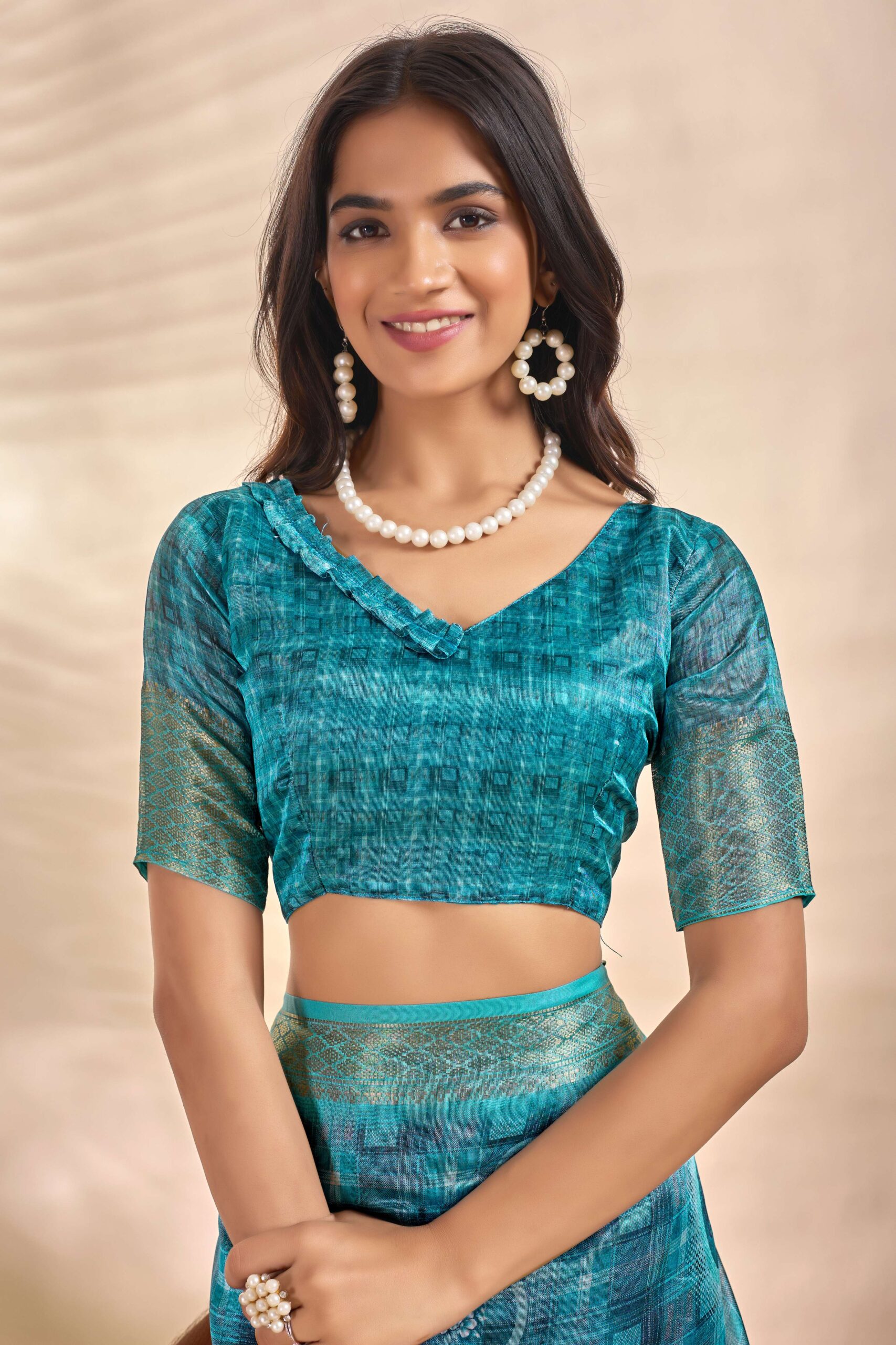 Teal Blue Soft Silk Saree with Floral Digital Pallu & Zari Border - Image 6