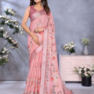 Pink Floral Print Linen Shimmer Saree