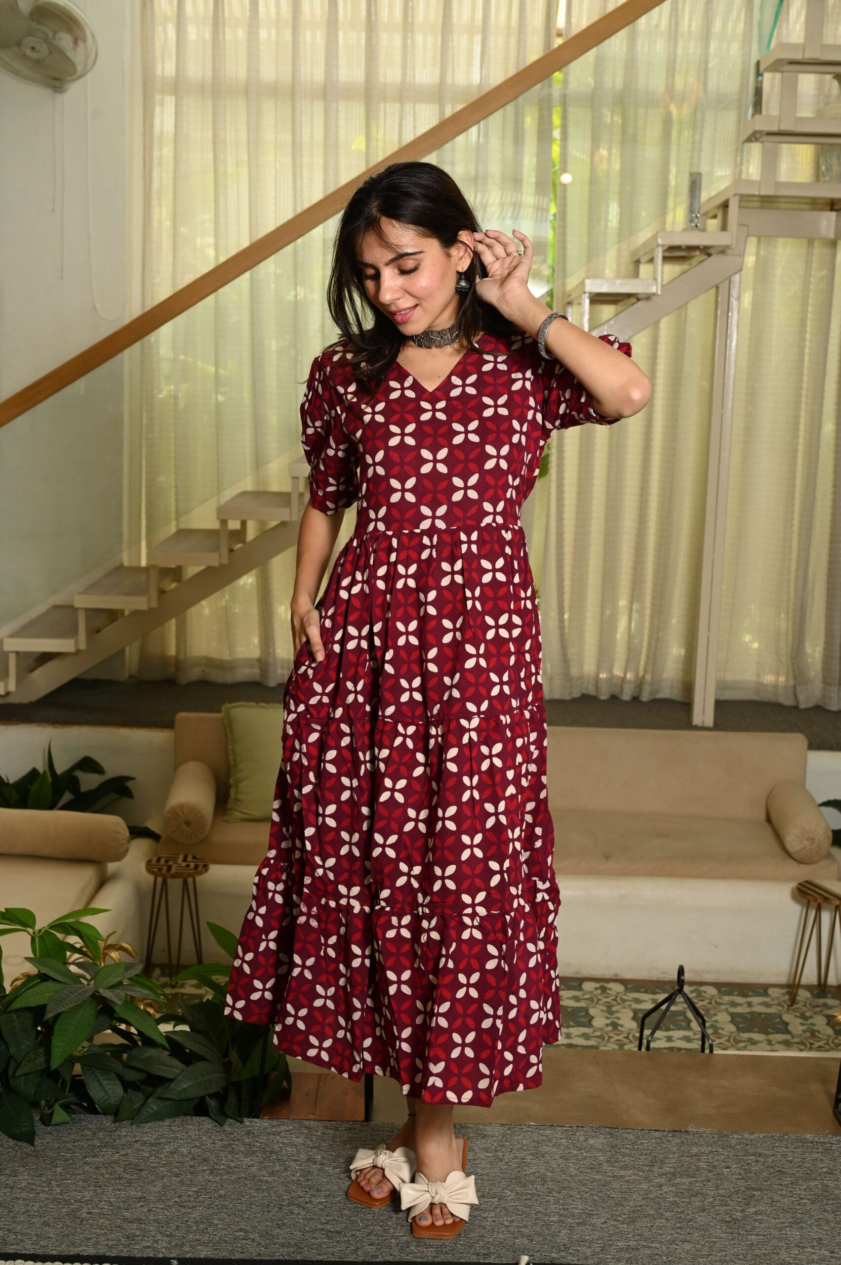 Maroon Printed Cotton Anarkali Maxi Dress with Puff Sleeves Elegant Casual Wear - Image 4