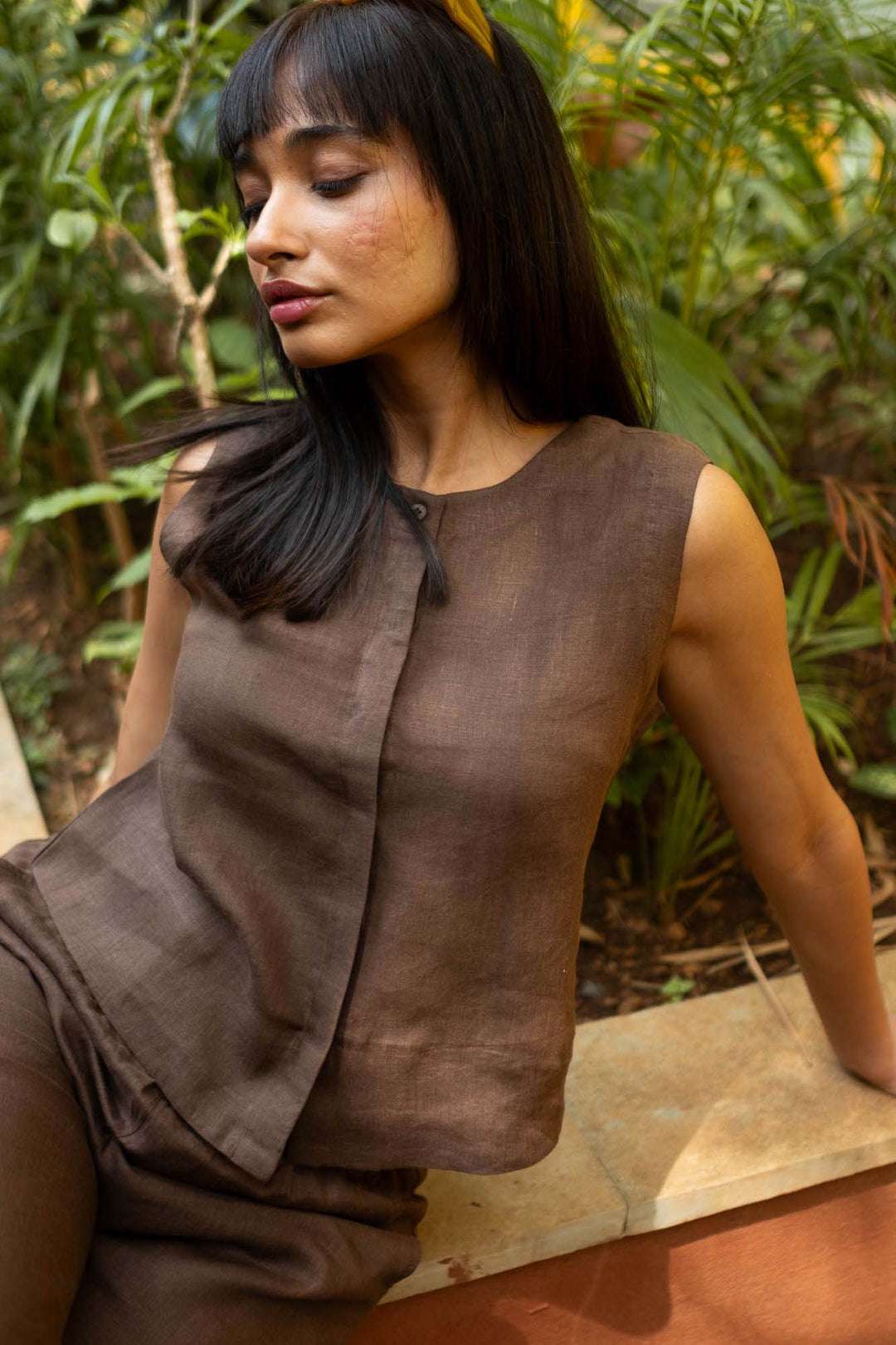Women's Cotton Solid V Neck Sleeveless 2 Piece Outfit Loose Tank Top and Wide Leg Palazzo Pants Sets cord set ( Brown ) - Image 4