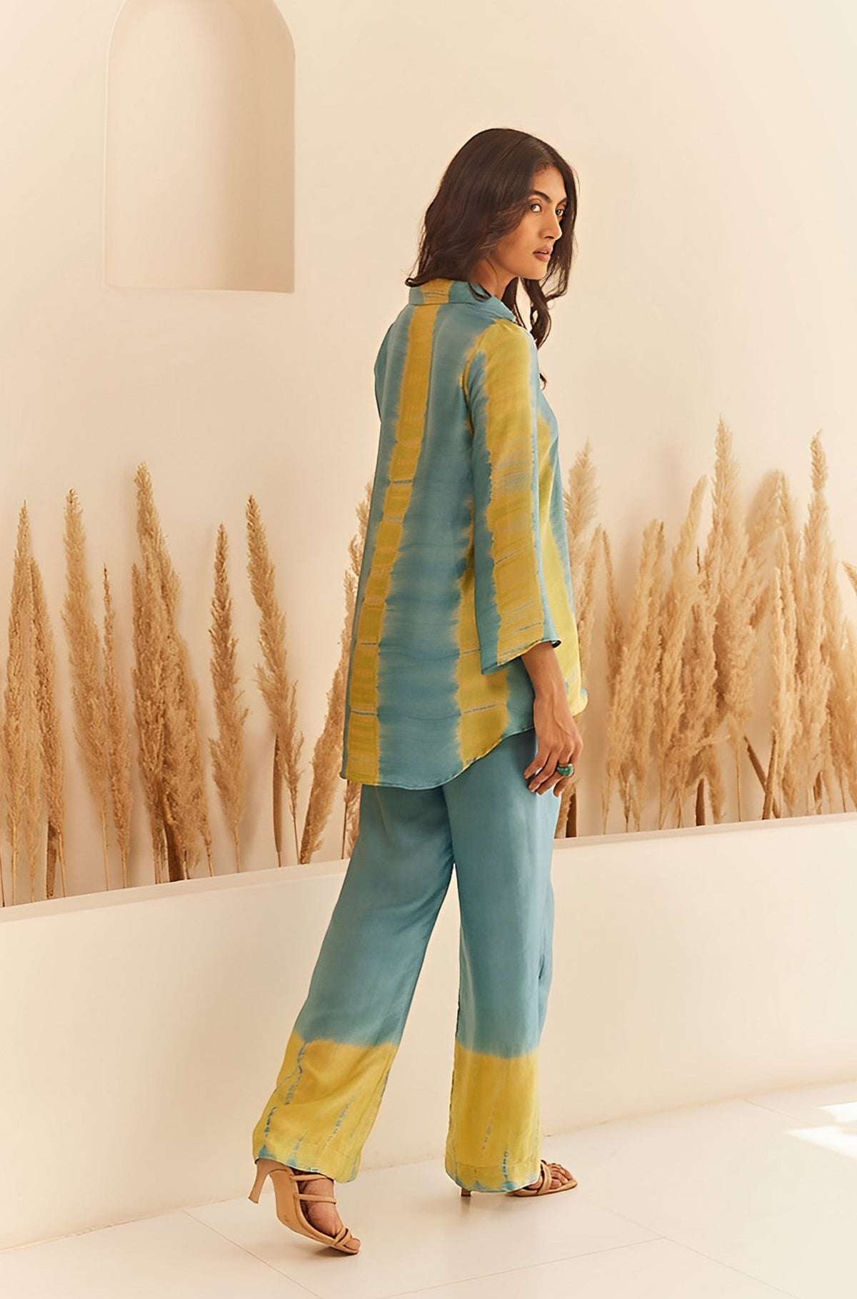 Women's Cotton Tie Dye Print Two-Piece Lounge Set Tunic with Wide-Leg Pants, Resort Wear ( Teal and Yellow ) - Image 2