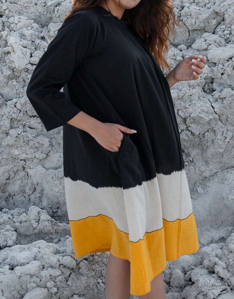 Women's Cotton Tie-Dye Print Loose Short Sleeveless Tunic Dress ( Black Yellow ) - Image 6