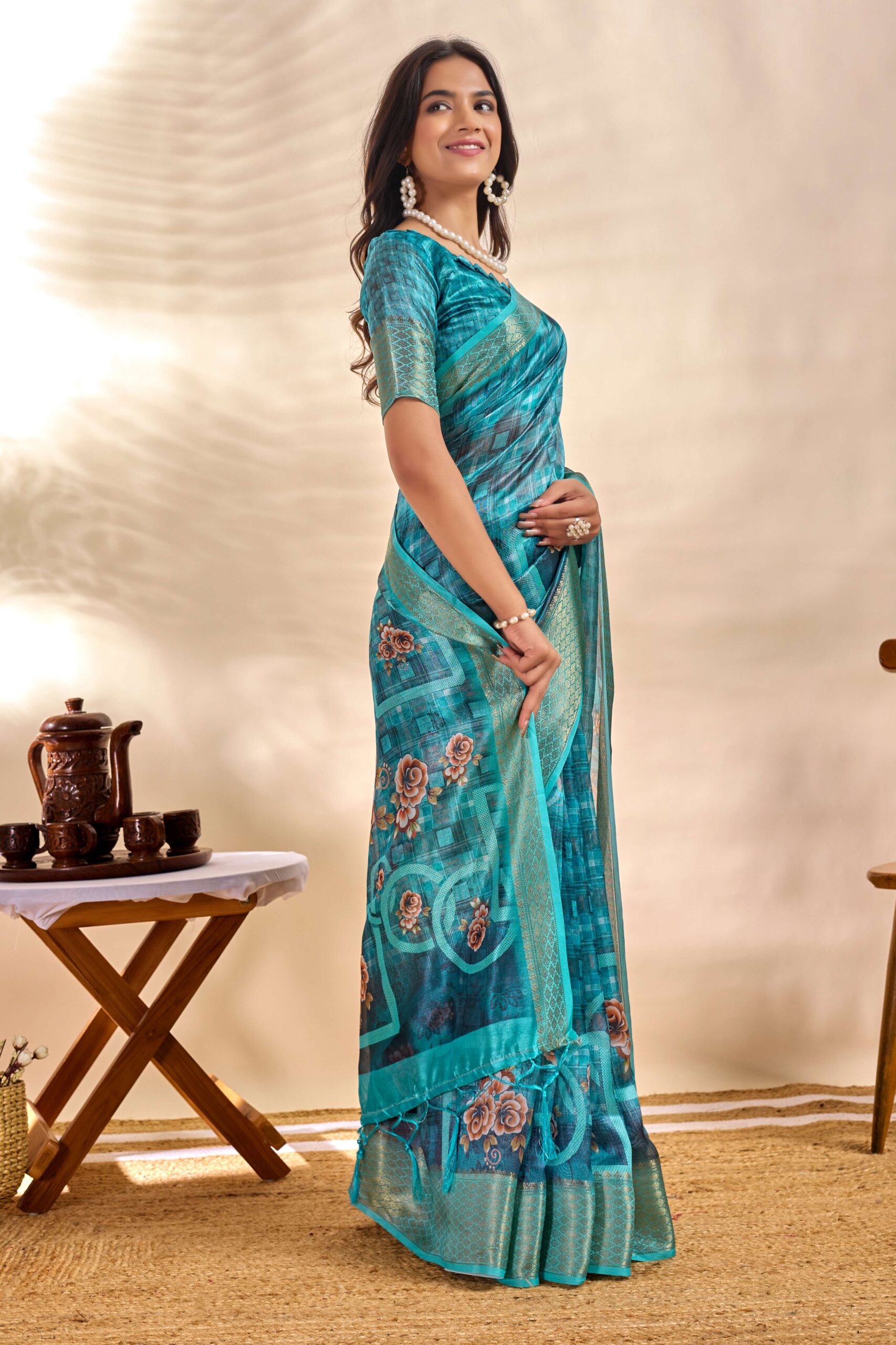 Teal Blue Soft Silk Saree with Floral Digital Pallu & Zari Border - Image 2