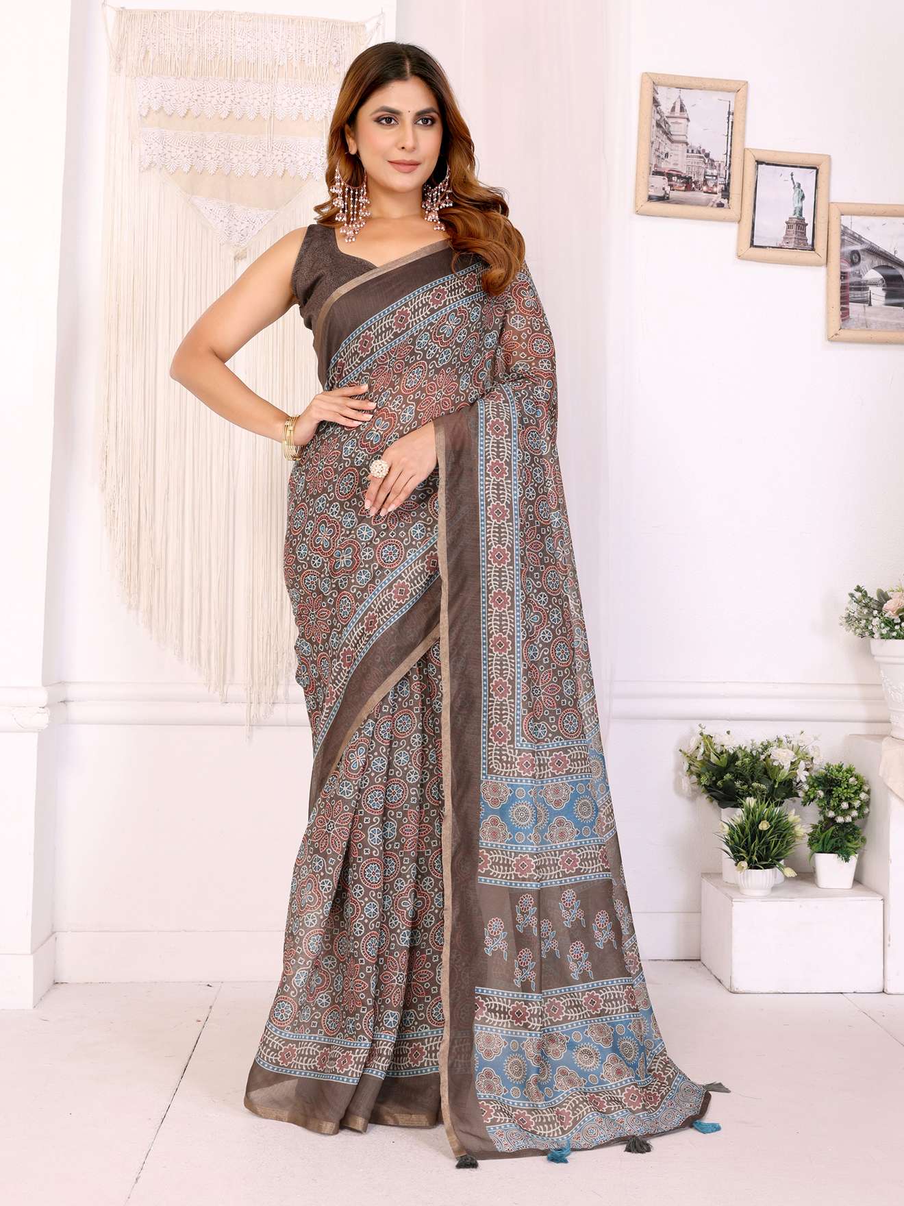 Elegant Brown Chanderi Saree with Ethnic Floral & Block Print ? Timeless Char - Image 6
