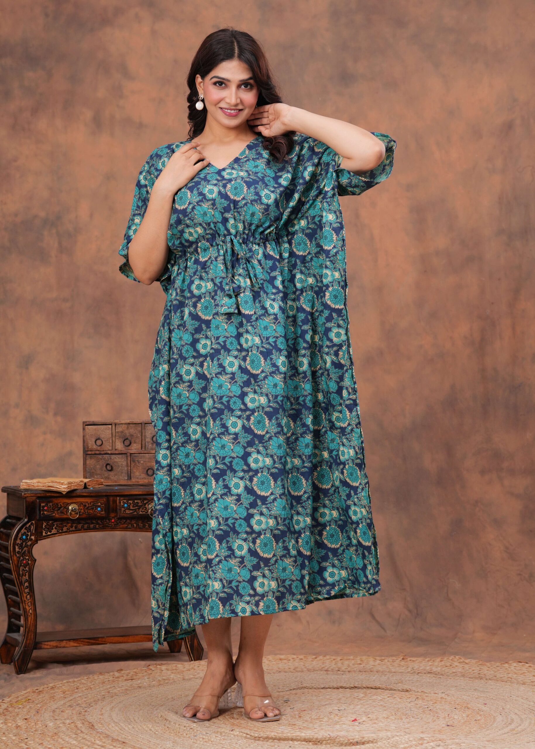 Women's Blue Cotton Floral Printed Kaftan Dress with Drawstring Waist - Image 4