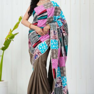 Women's Multicolor Patchwork Printed Saree with Brown Base Blouse Piece Stylish Ethnic Wear