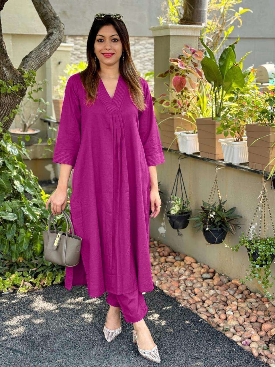 Women's Cotton Plain Coard set A-Line Straight Kurti With Pant