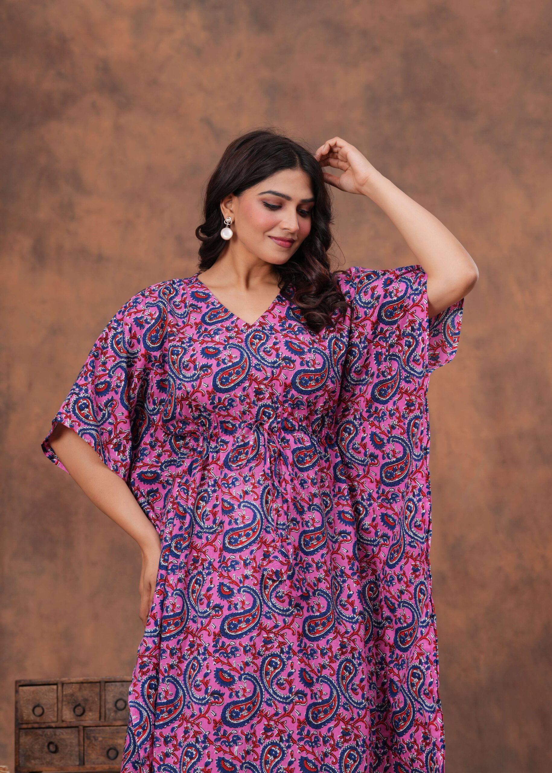 Women's Purple Blue Cotton Floral Printed Kaftan Dress with Drawstring Waist - Image 6