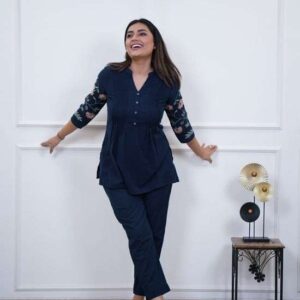 Women's Cotton Embroidery Straight Short kurti With Pant set