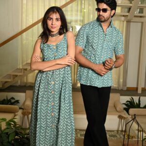 Couple Matching Outfit ? Teal Green Cotton Printed Midi Dress & Shirt Set, Summer Casual Wear
