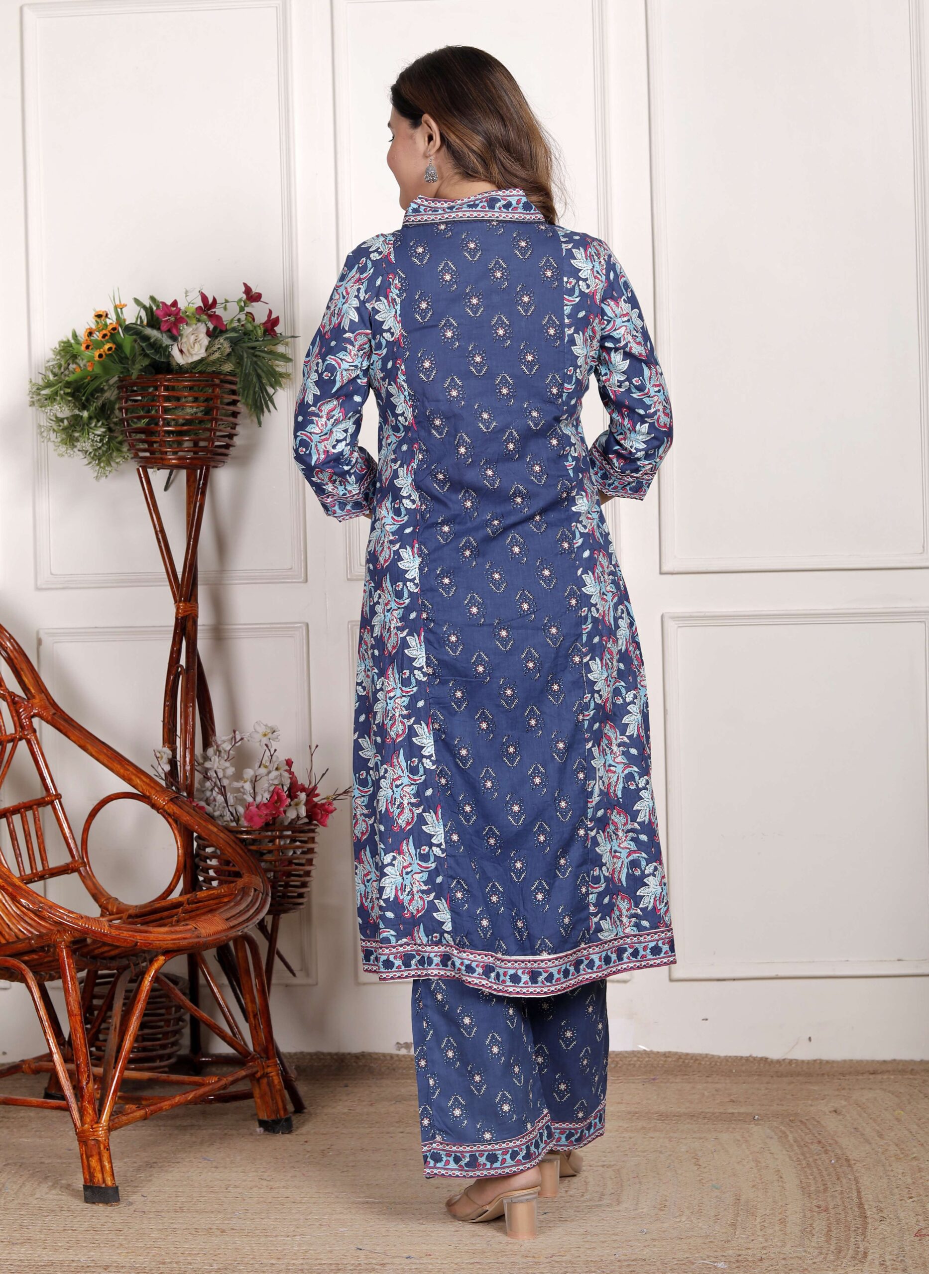 Women's Cotton Printed Straight Kurti With Pant and Dupatta Set (Navy Blue) - Image 6