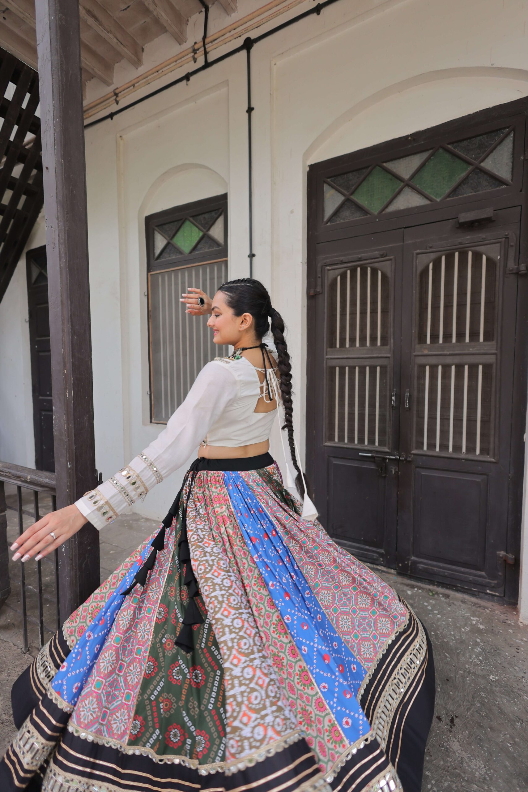 Cotton Printed Navratri Lehenga Choli Set with Gota & Mirror Lace - Image 7