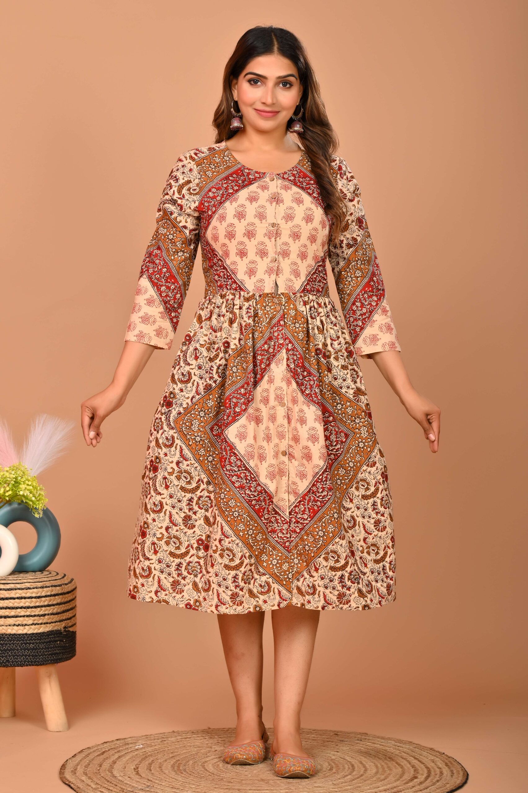Beige & Red Block Print A-Line Midi Dress with Ethnic Motifs and 3/4 Sleeves ? Festive & Casual Wear
