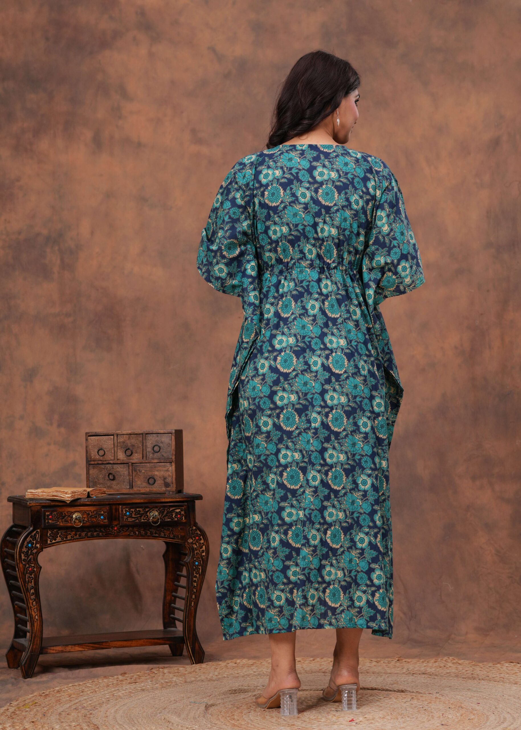 Women's Blue Cotton Floral Printed Kaftan Dress with Drawstring Waist - Image 2