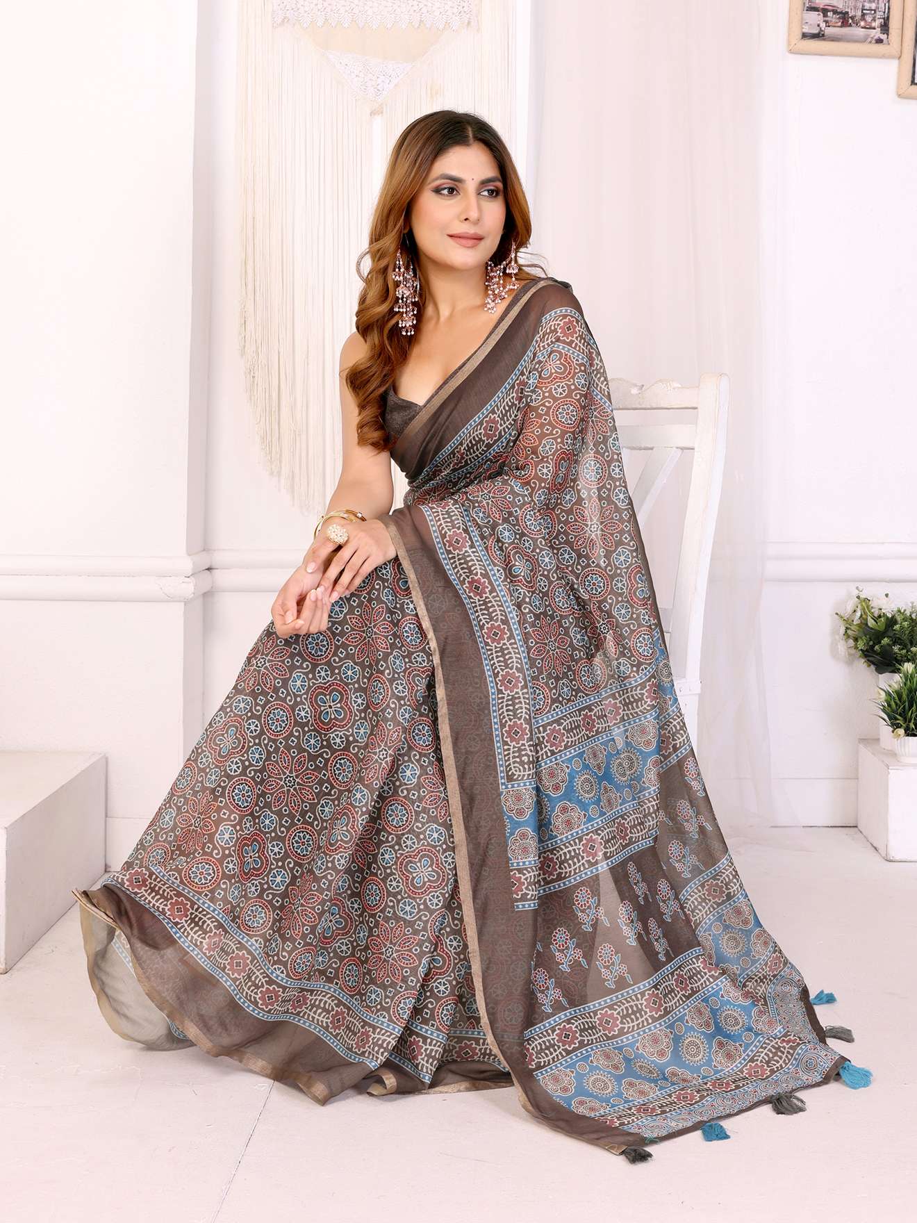 Elegant Brown Chanderi Saree with Ethnic Floral & Block Print ? Timeless Char