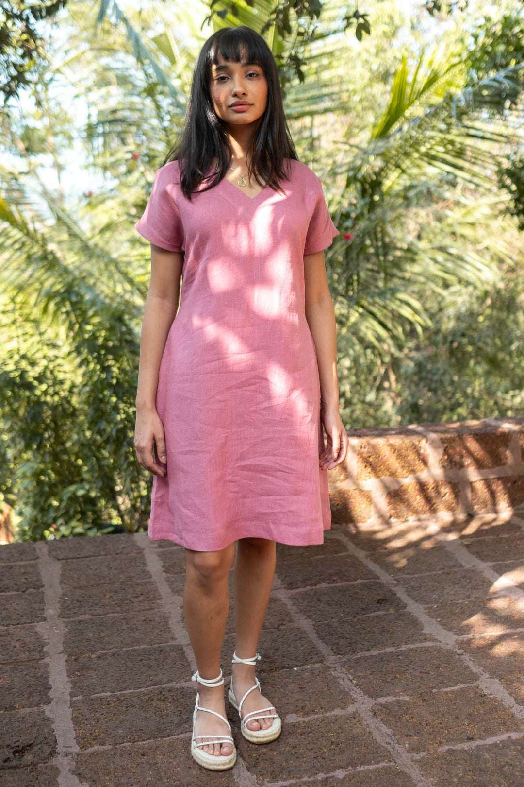 Women's Cotton Sweet Shift Tunic Short Dress half Sleeves V Neck Causal Mini Dress with Pockets ( Purple )