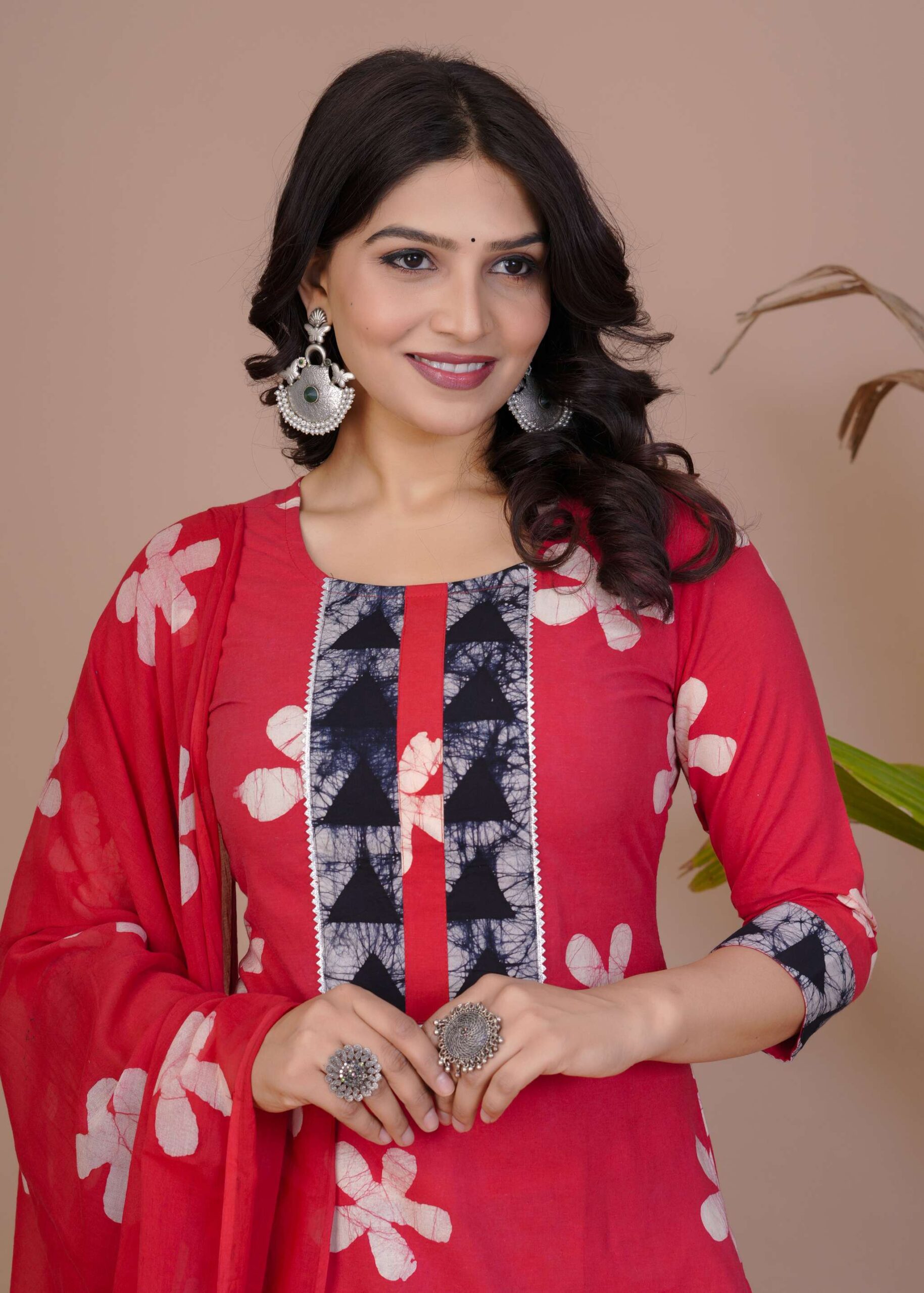 Women's Red Cotton Printed Straight Kurti with Pant & Dupatta Set - Image 3
