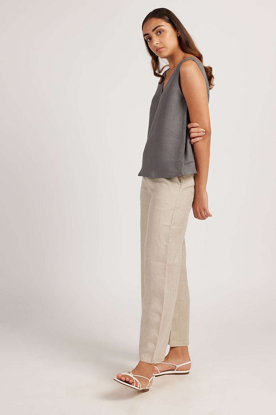 Women's Cotton Solid V Neck Sleeveless 2 Piece Outfit Loose Tank Top and Wide Leg Palazzo Pants Sets cord set ( Grey Beige ) - Image 2