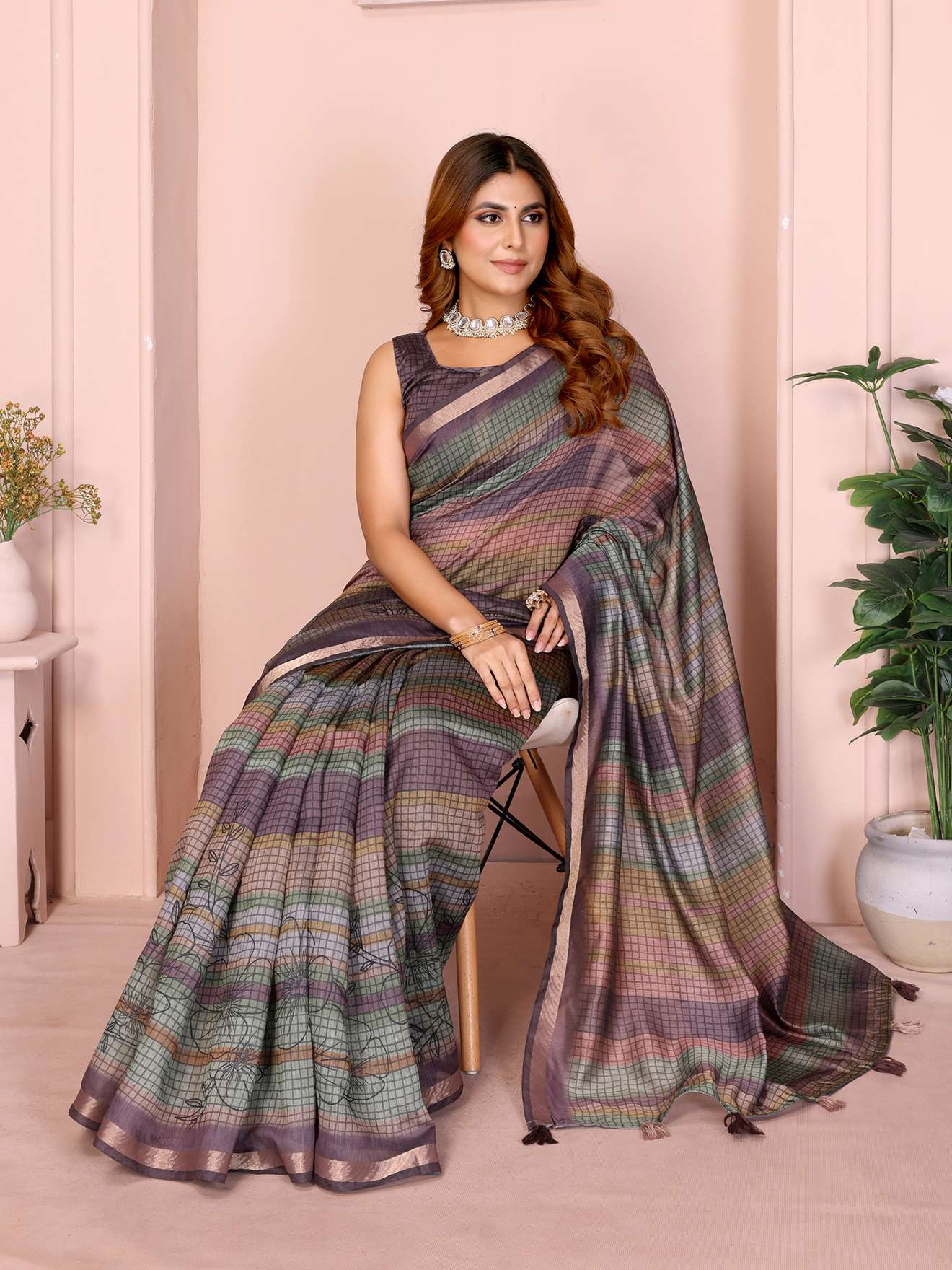 Pastel Multicolor Checked Black Chanderi Saree ? Lightweight Digital Prints with Tassel Border - Image 3