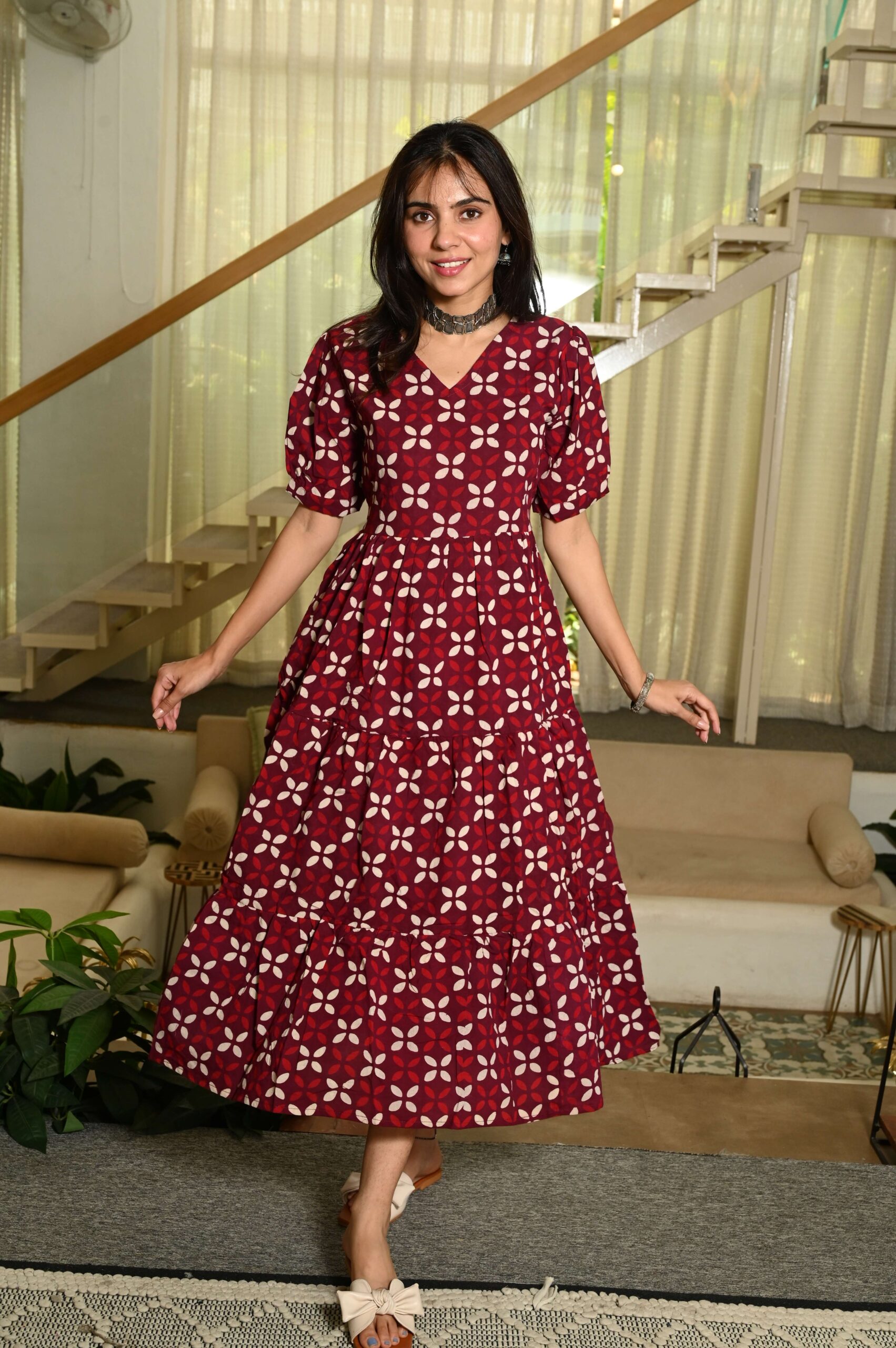 Maroon Printed Cotton Anarkali Maxi Dress with Puff Sleeves Elegant Casual Wear
