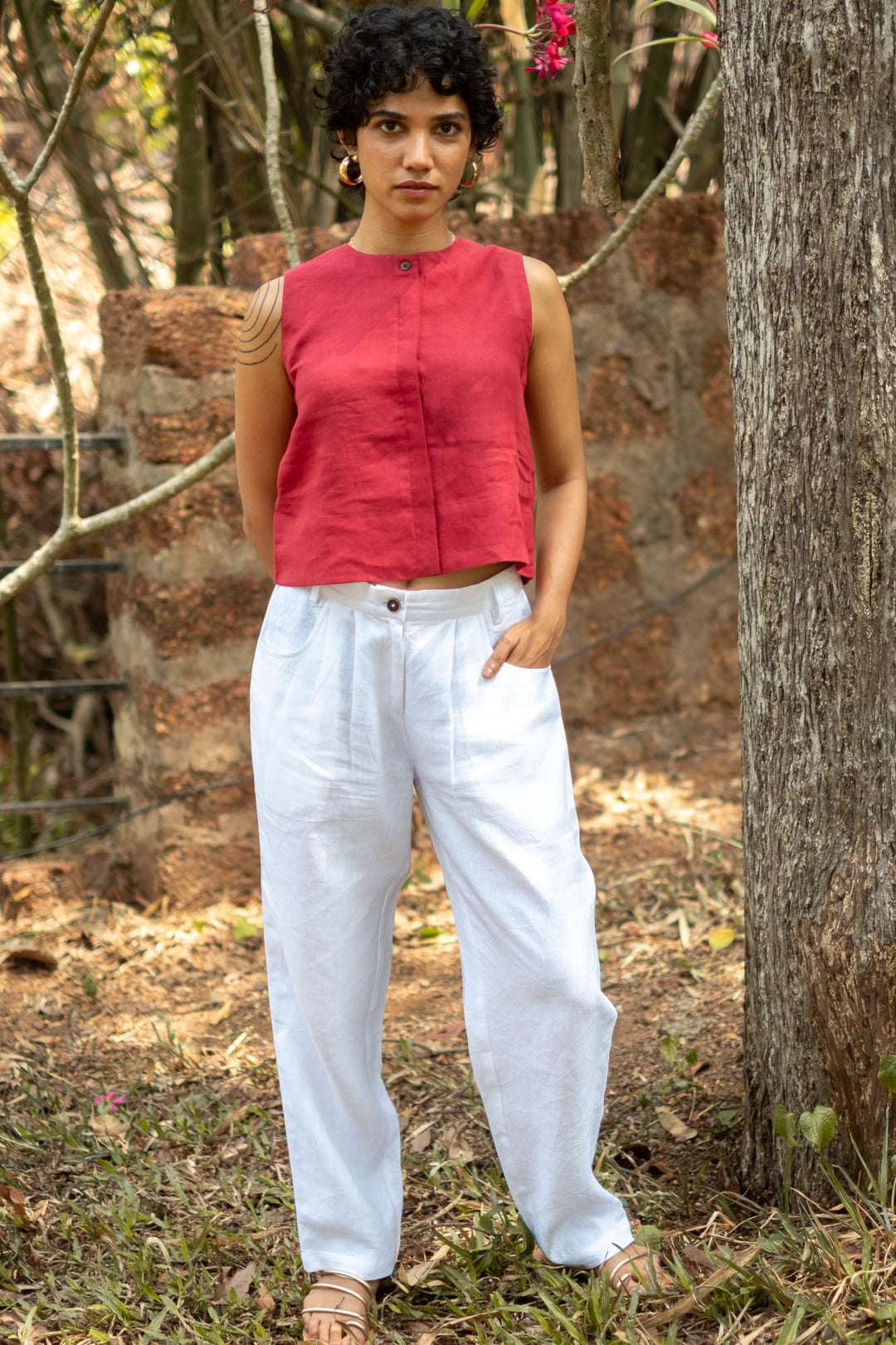 Women's Cotton Solid V Neck Sleeveless 2 Piece Outfit Loose Tank Top and Wide Leg Palazzo Pants Sets cord set ( Maroon White ) - Image 3