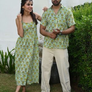 Couple Matching Outfit ? Light Green Cotton Printed Midi Dress & Shirt Set, Summer Casual Wear